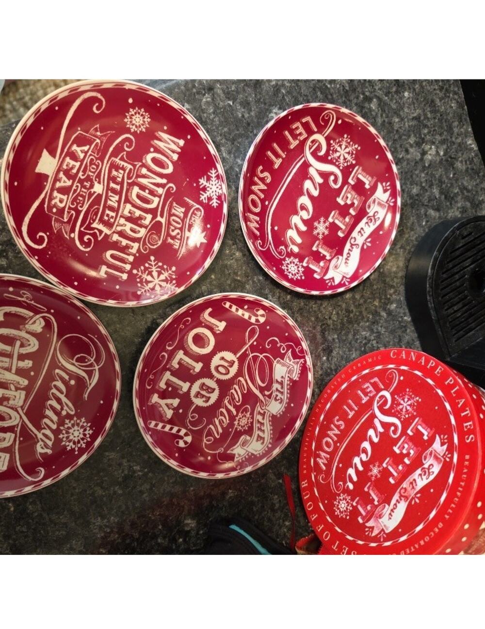 Certified International Chalkboard Christmas Four Canape 5.75” Plates W/Box